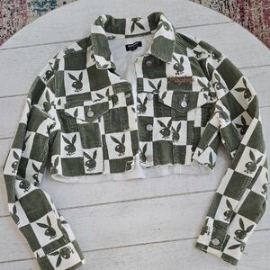 PLAYBOY Cropped Olive and White Checkered Jacket